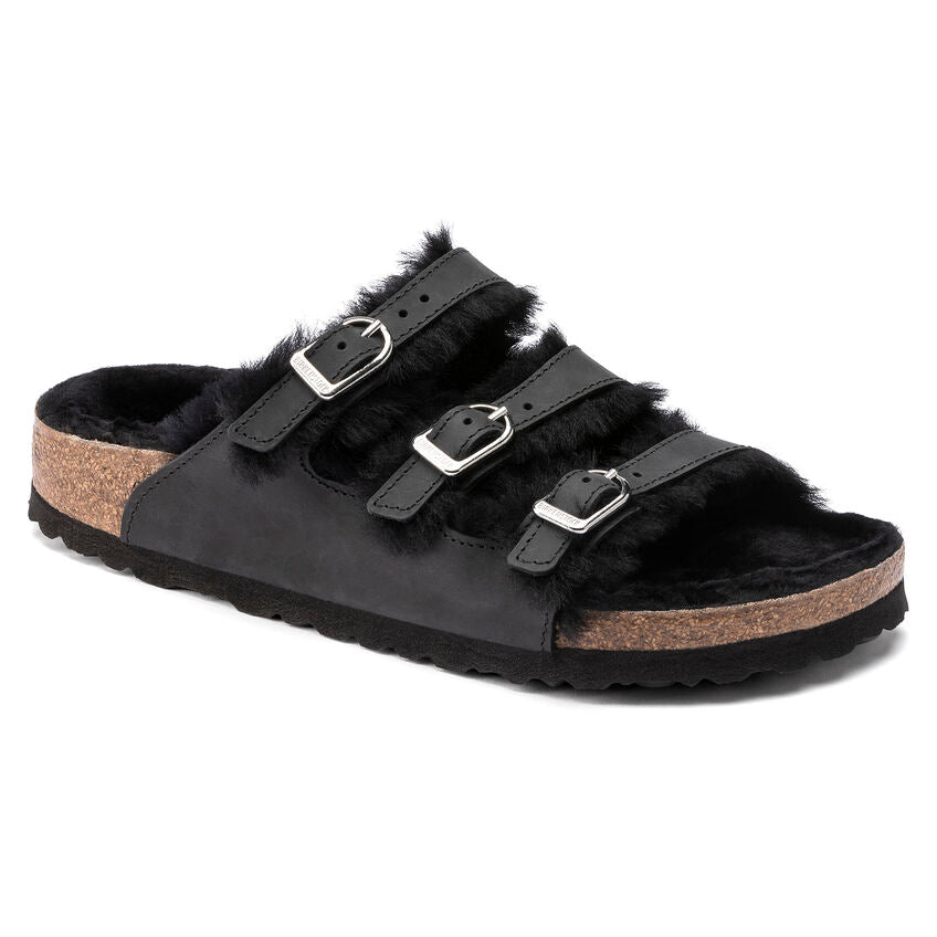 Birkenstock, Birkenstock Edizione Limitata Florida in pelle oliata nera/pelle shearling nera