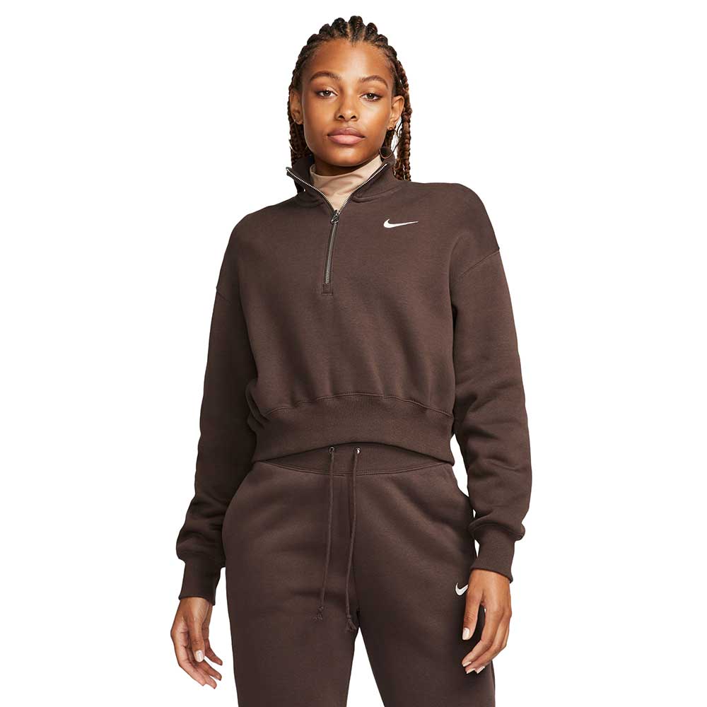 Nike, Felpa Phoenix Fleece Oversized 1/2-Zip Crop Donna - Baroque Brown/Sail