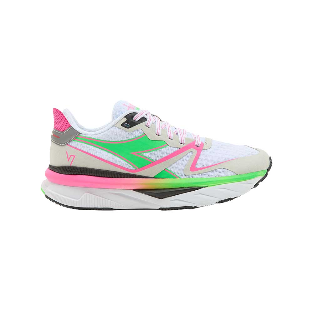 Diadora, Scarpa da corsa Atomo V7000 da donna - Bianco/Verde Fluo/Rosa Fluo