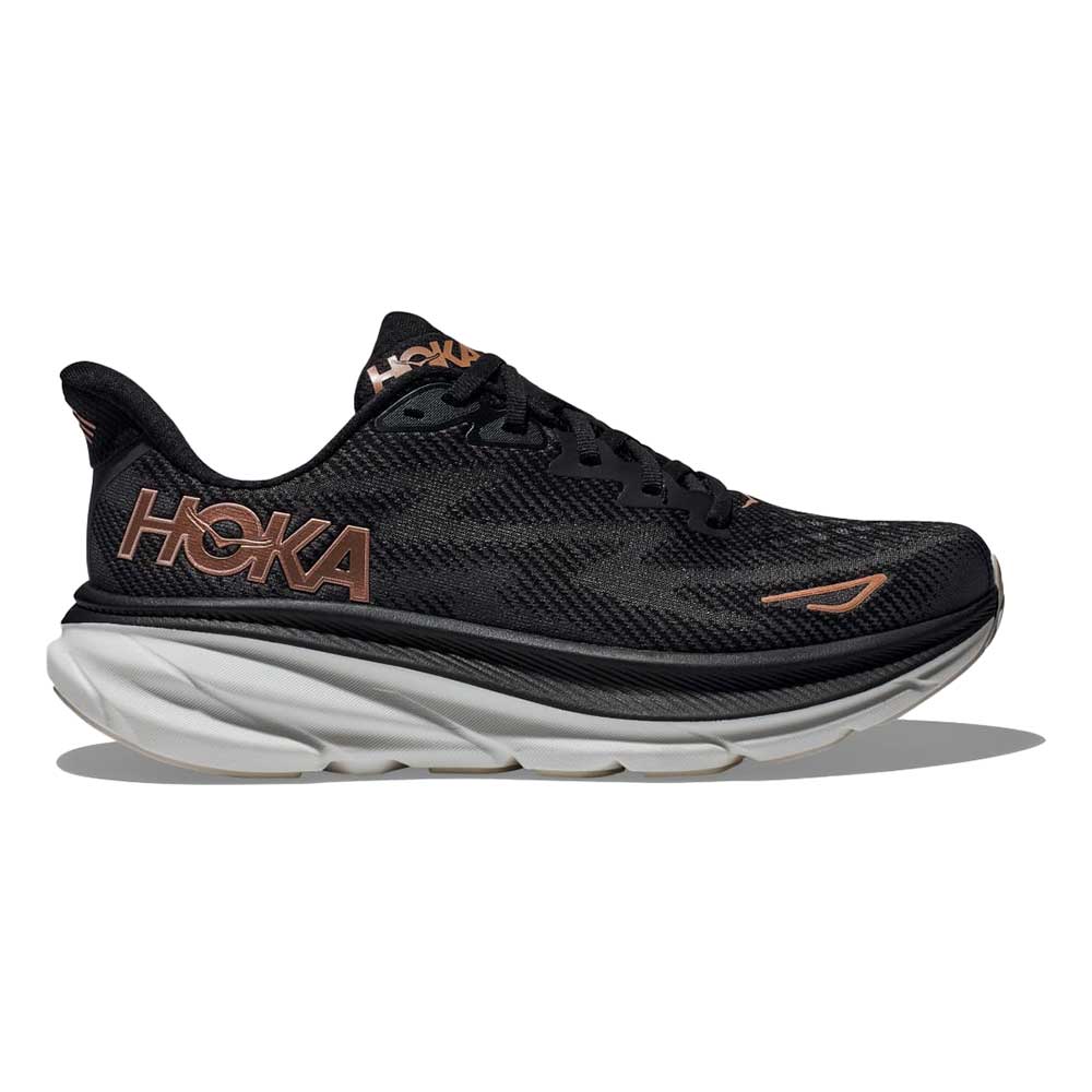 HOKA, Scarpa da corsa Clifton 9 da donna - Nero/Orose Gold - Ampia (D)